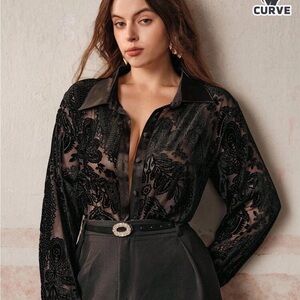 Velvet Burnout Button-Down Shirt - Black